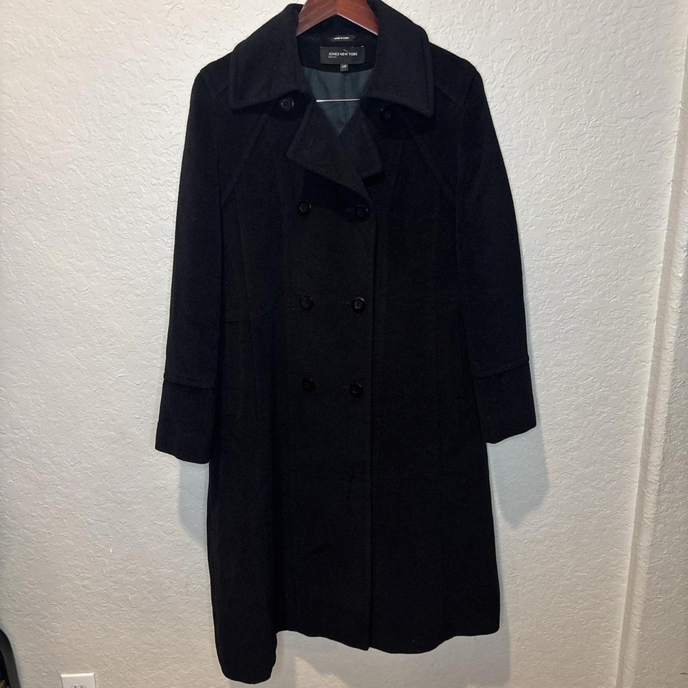 Vintage Jones New York  Black Long 100% Wool Over Coat Double Breasted, 12 P